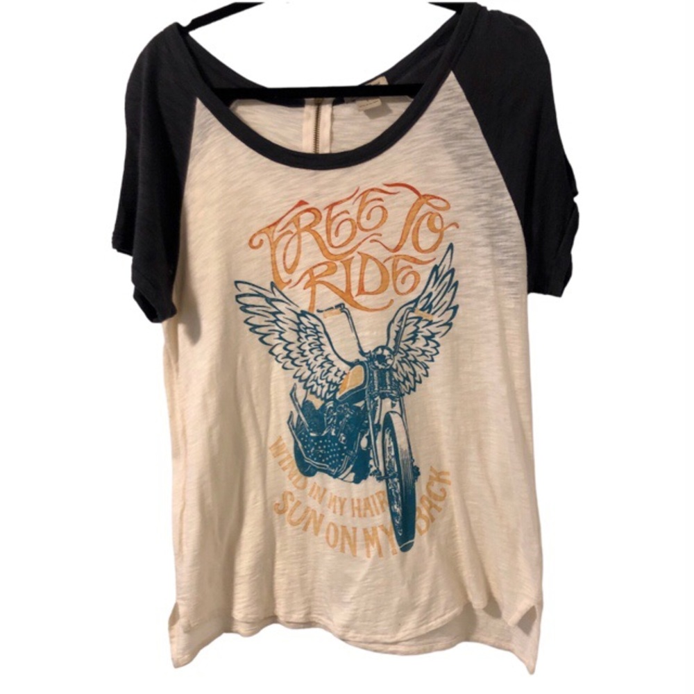 Lucky Brand, Live in Love, Motorcycle Graphic Tee with black sleeves and zipper.